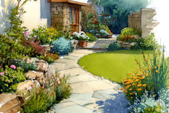 handmade watercolor painting of house, building and landscape illustration