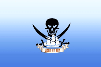 make super pirate skull themed drinking logo for lost at sea