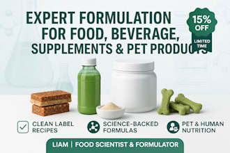 formulate food, beverage, supplement, energy drink, and pet products