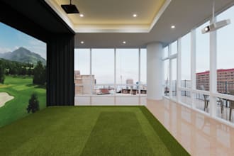 visualize golf simulator room,interior furniture,vr golfcourse,golf asset gaming