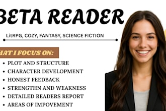 provide in depth beta reading for your litrpg book, fantasy science fiction cozy
