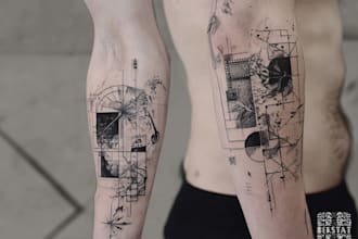 custom a geometric realism in black and grey tattoo design