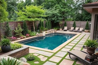 o landscape garden design, terrace, pool, patio, backyard