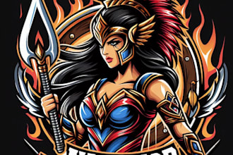 design high quality warrior girl vintage logo with t shirt design