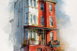 create house and building photo into watercolor art