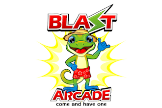 design superior blast arcade logo with a mascot theming