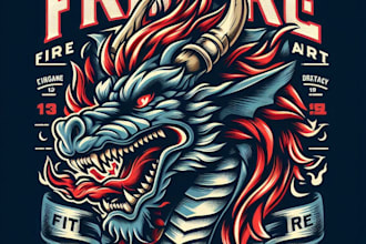 design high quality vintage dragon head fire mascot logo with t shirt design