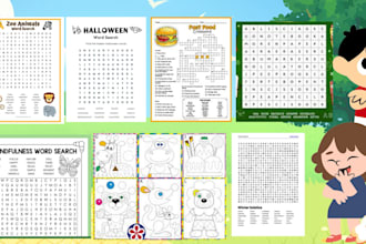 create word search, sudoku, crossword puzzle book, cover design for amazon KDP