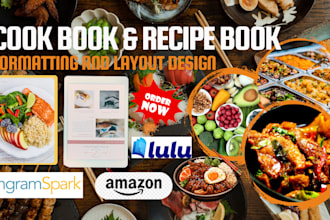 design a professional recipe book, cook book, formatting, layout and book cover