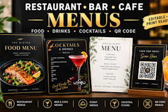 design restaurant bar cafe food drinks menu, event menu, cocktail flyers qr code