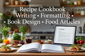 be cookbook writer, recipe book writer, book design, food article, meal planner