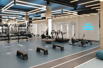 3d gym basement design, interior modeling, fitness center with rendering