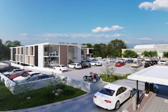 gym exterior render,architect park solution, landscape design, office elevation