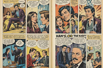 draw retro realistic comic book pages, film posters