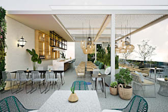 makeover 3d rooftop cafe,taproom,dining hall rendering,pizzeria layout,drinkery