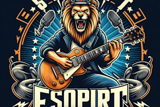 design vintage esport guitarist lion mascot logo with t shirt design