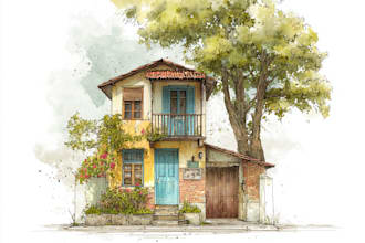 draw photo of house or landscape in watercolor illustration