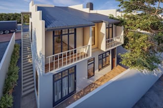 stylish 2 story house,hidden roof design,front balcony,interior setup,vfx render