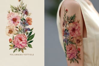 create a beautiful watercolor flowers tattoo design for you