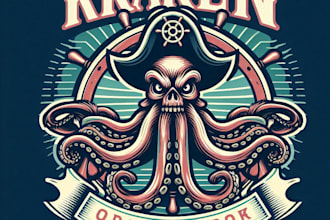 design high quality vintage kraken octopus mascot ship logo with t shirt design