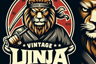 design high quality vintage ninja lion mascot logo with t shirt design