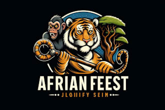 do african forest, animal, tiger, tree, monkey mascot logo with express deliver