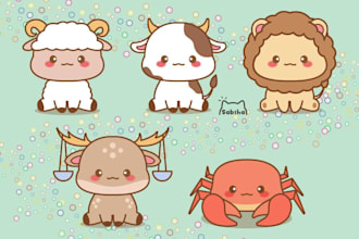 design cute mascot, kawaii animal, cartoon logo, sticker for you brand