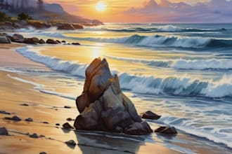 create watercolor landscape with mountains, sea, houses