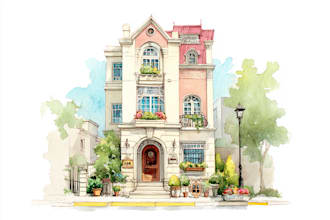 paint a watercolor house portrait or city space illustration