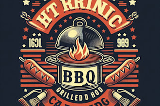 design vintage retro rustic BBQ grilled hot food logo with t shirt design
