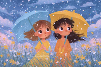 illustrate a magical children storybook with cute characters