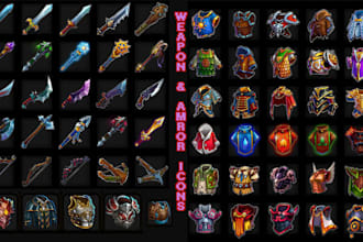 design weapons icon, armor helmet icon props game icons for moba, rpg, pixel