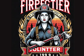 vint fire fighters volunteer mascot logo with t shirt design