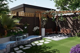 design landscape, backyard, garden, patio, pool, fireplace and terrace