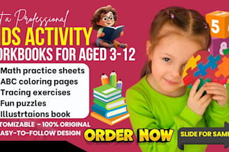 design custom kids activity workbook, puzzle book, worksheet for early learning
