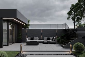 redesign outdoor living space,house front render,backyard patio,garden lanscape