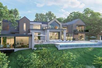 construct 3d luxurious villa apartment,outdoor space,landscape garden,green area