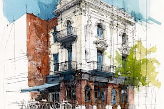 sketch architecture building with watercolor rendering