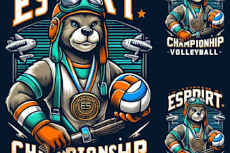 vintage esport mascot animal championship volleyball logo with t shirt design