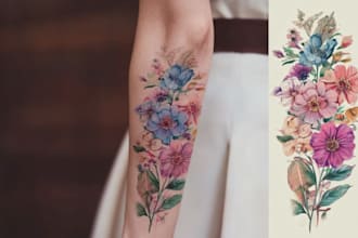 create a beautiful watercolor flowers tattoo design for you