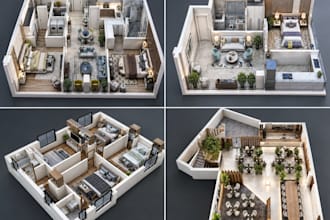 convert 2d floor plan into interior design 3d floor plan rendering