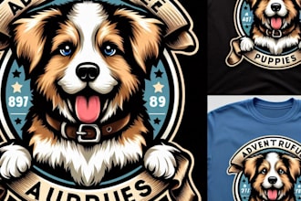 design high quality adventurous puppies mascot logo with t shirt design