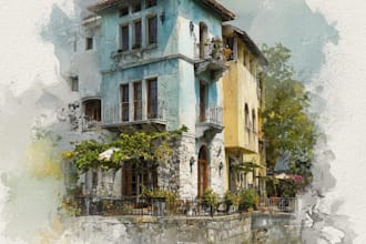 create house and building photo into watercolor art