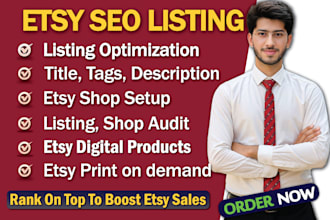 optimize etsy listing with SEO to top rank, boost etsy sales and etsy shop setup