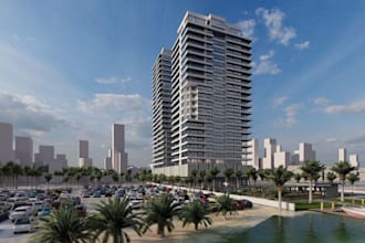 design 3d resident building,modern tower exterior,complex design, mixed building