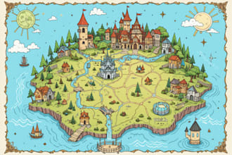 draw cartoon fantasy map illustration, doodle hand
