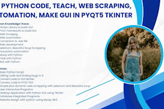 fix python code, teach, web scraping, automation, make gui in pyqt tkinter