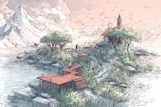 draw landscape illustration in colored