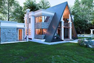 visualize 3d a frame house,cgi facade,interior mockup,living space render,gazebo