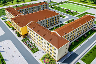 visualize school interior, railway station, civic building, render, cgi exterior